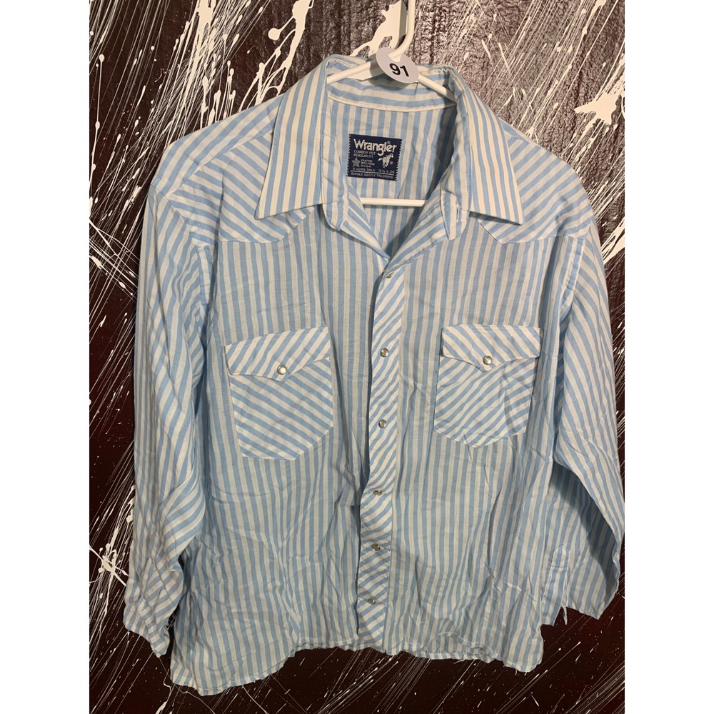 Wrangler Cowboy Cut Western Shirt Blue White Striped Pearl Snap USA Made 16.5x34